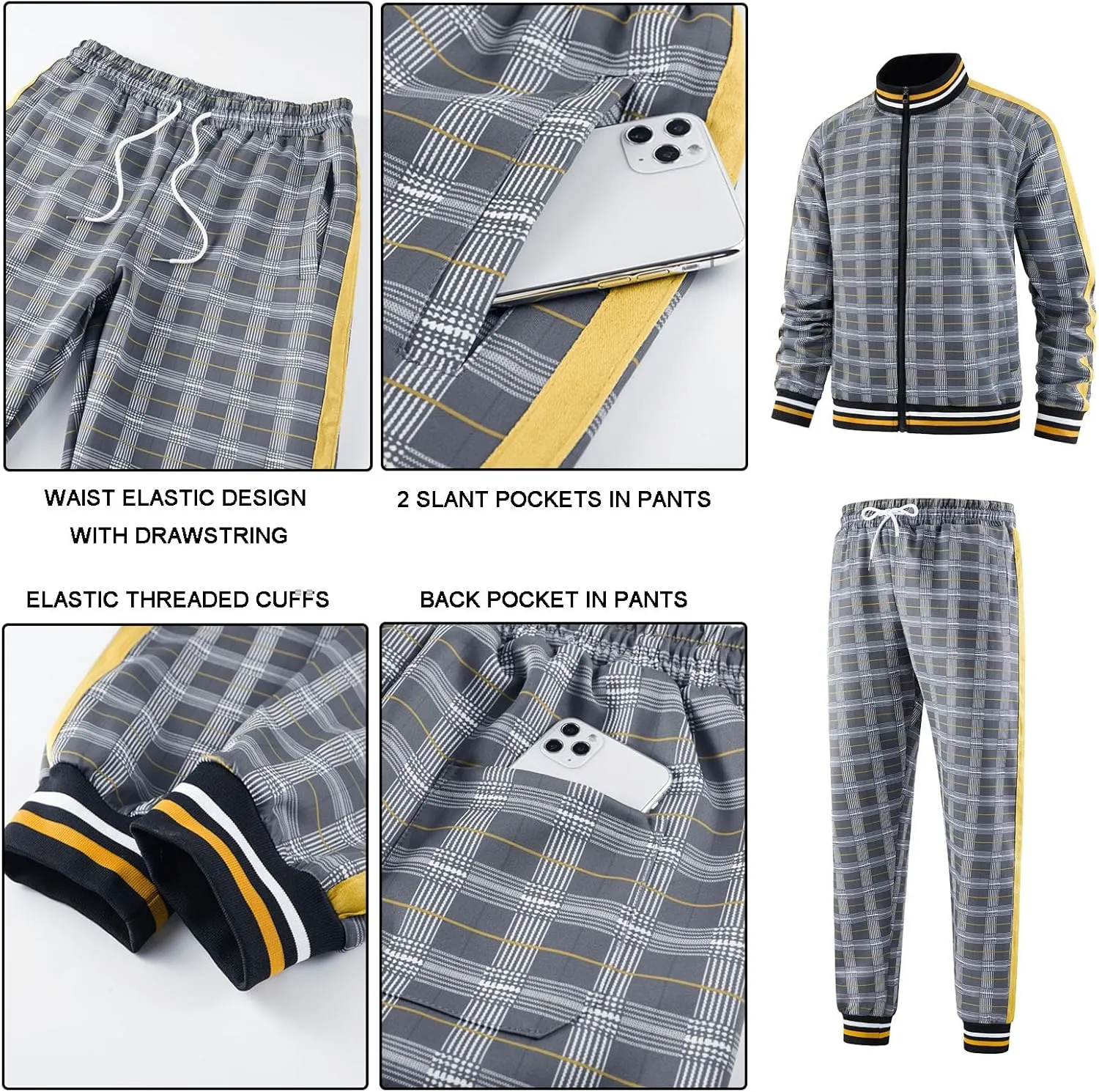 Men Tracksuits Full-zip Long Sleeve Plaid Track Jackets and Pants 2 Piece