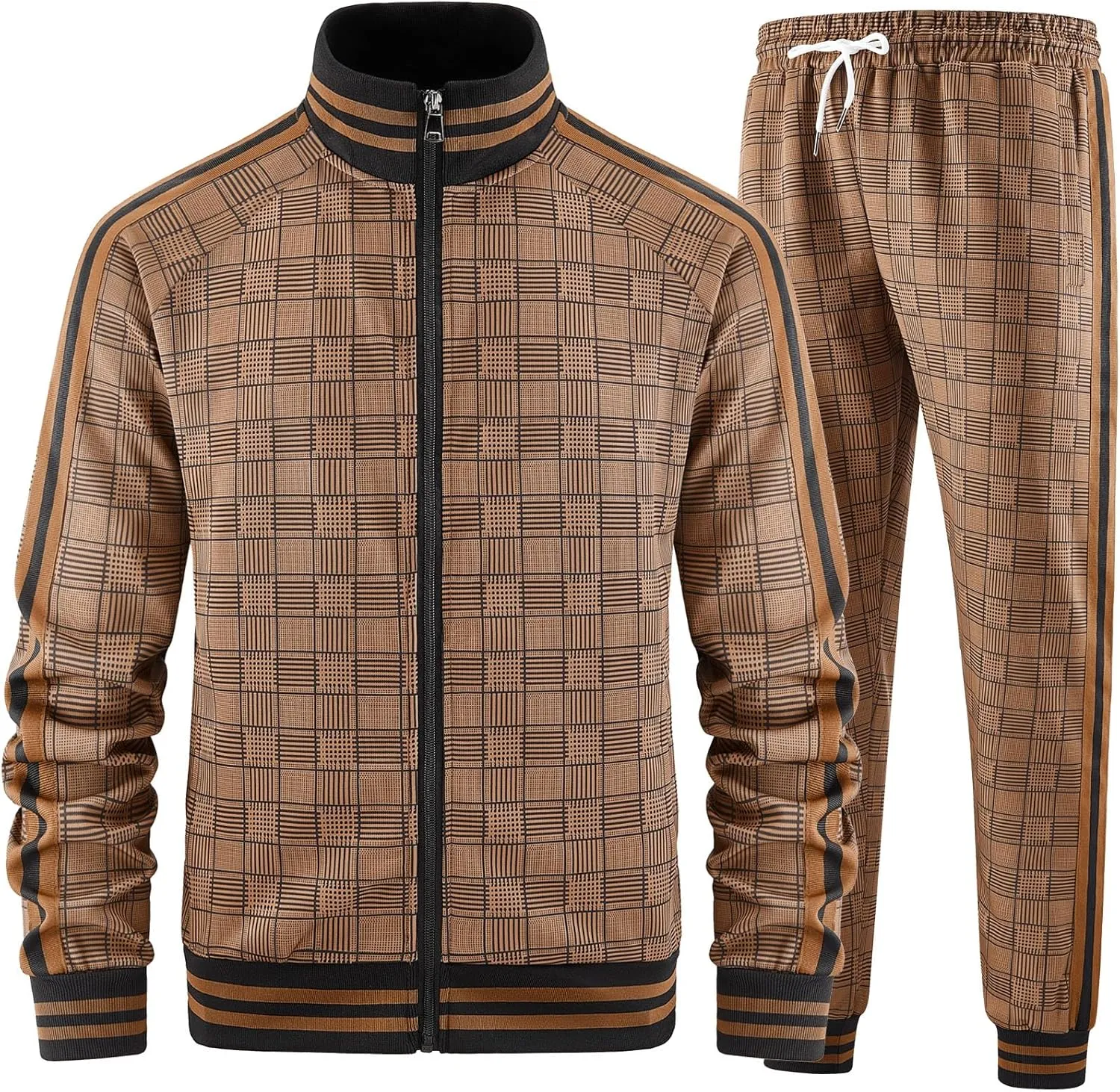 Men Tracksuits Full-zip Long Sleeve Plaid Track Jackets and Pants 2 Piece