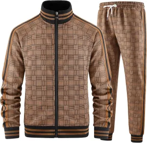 Men Tracksuits Full-zip Long Sleeve Plaid Track Jackets and Pants 2 Piece