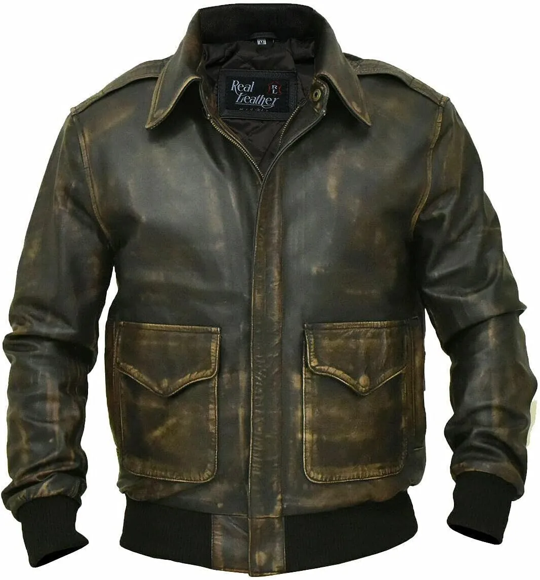 Mens Aviator A-2 Leather Jacket US Air Force Cockpit Flight Pilot Real Lambskin Distressed WW2 Bomber Jackets