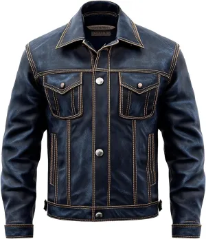 Mens Blue Trucker Denim Style Jacket Multi Pocket Genuine Leather Jackets
