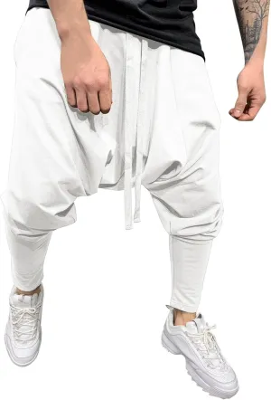 Mens Casual Cotton Harem Pants Streetwear Boho Hippie Drop Crotch Trousers for Men Lightweight Drawstring Yoga Pants