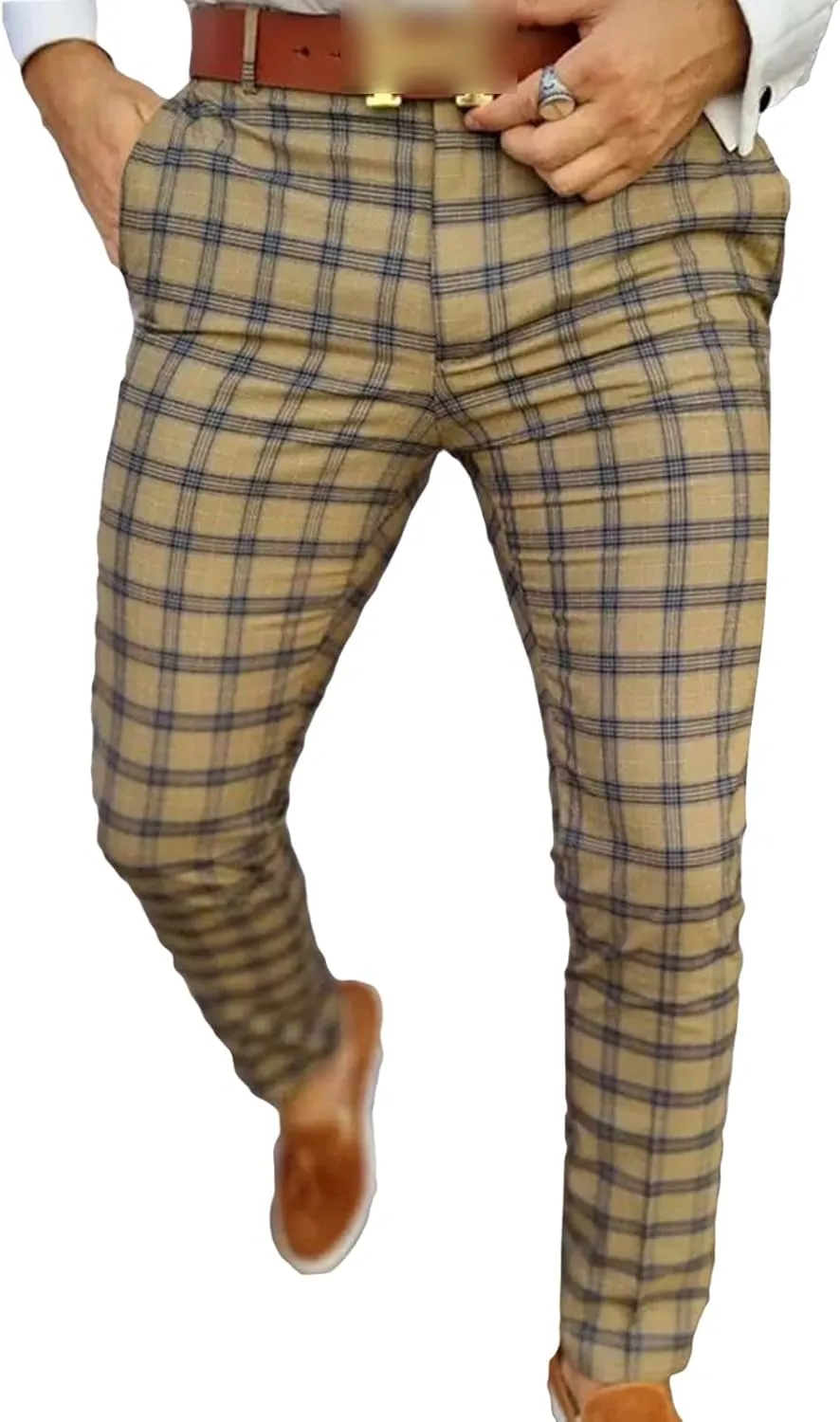 Men's Casual Plaid Chino Pants Skinny Fit Plaid Flat Front Dress Pants Slim Stretch Business Striped Trousers