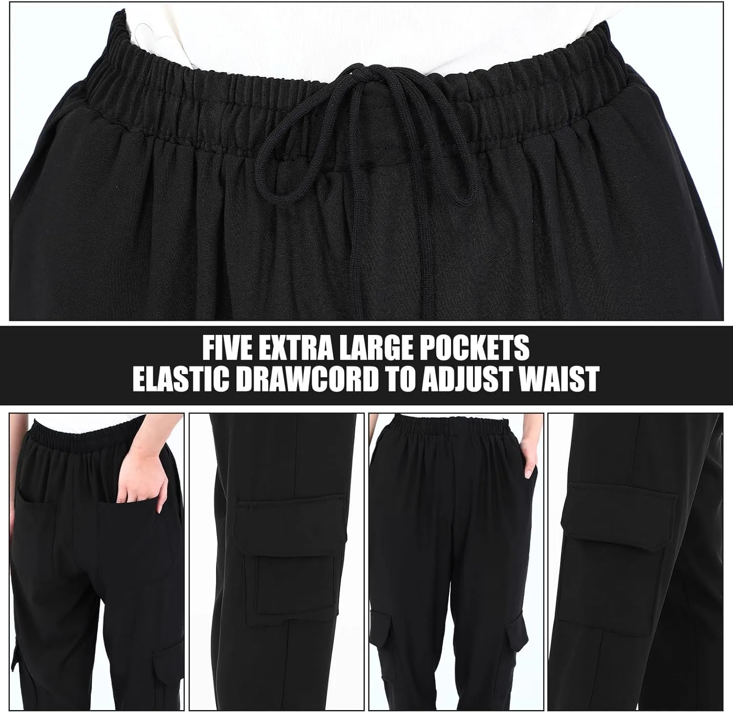 Men's Chef Pants Classic 7 Pocket Chef Cargo Pants Baggy Kitchen Pants with Wide Elastic Waist and Drawstring