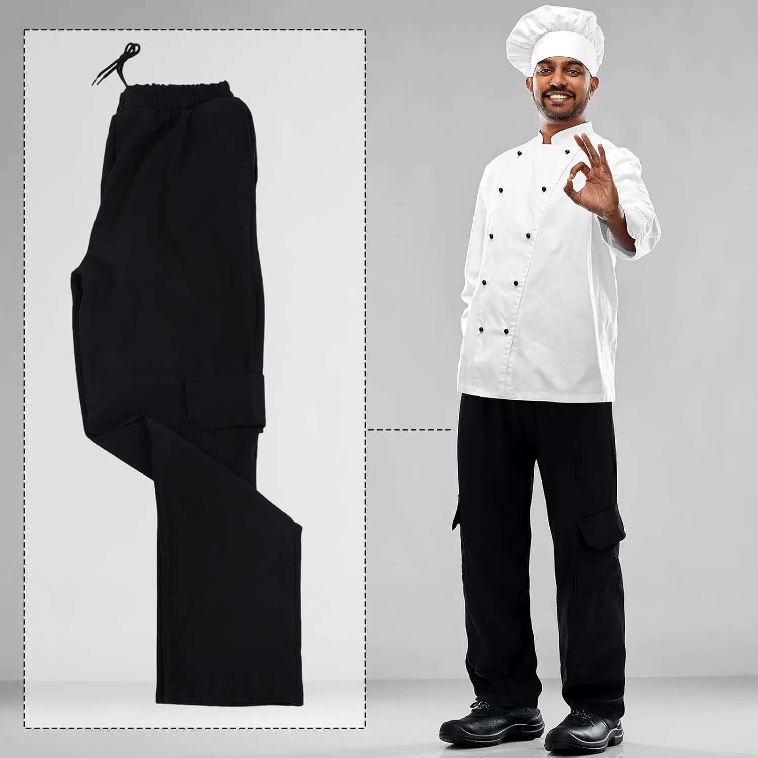 Men's Chef Pants Classic 7 Pocket Chef Cargo Pants Baggy Kitchen Pants with Wide Elastic Waist and Drawstring