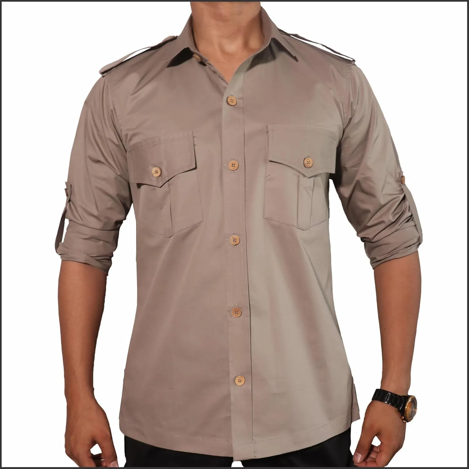Men's Cotton 2 Pocket Hunting Safari Shirt with Coconut Shell Buttons Quick Dry Hiking Travel Fishing Long Sleeve Cargo Style