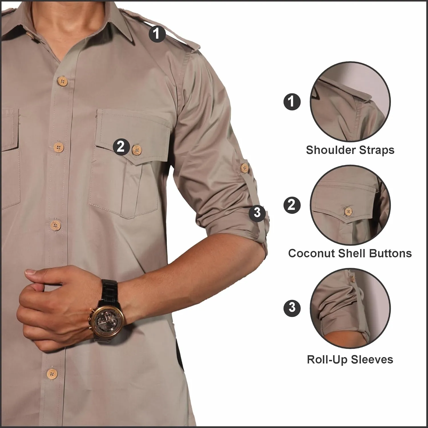 Men's Cotton 2 Pocket Hunting Safari Shirt with Coconut Shell Buttons Quick Dry Hiking Travel Fishing Long Sleeve Cargo Style