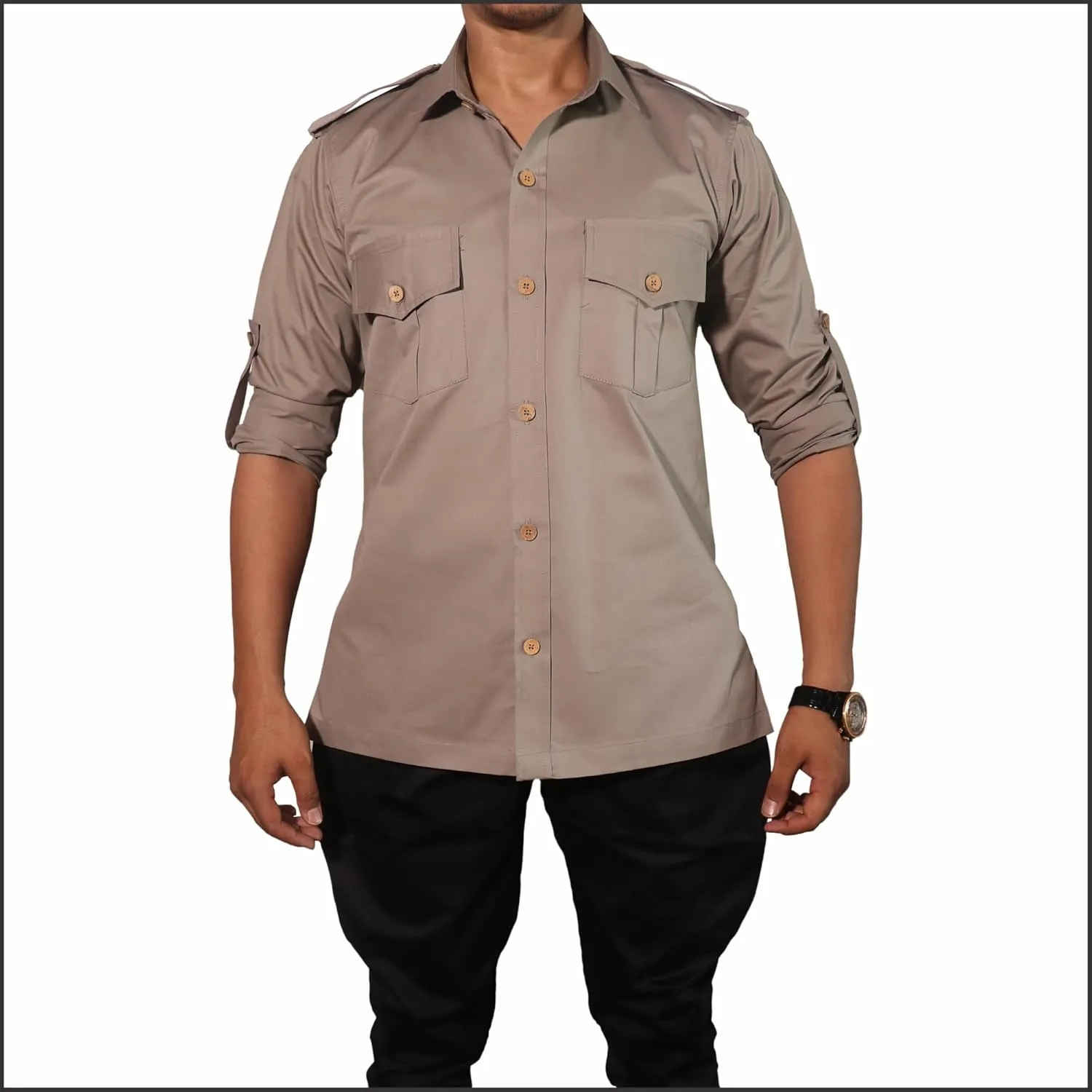 Men's Cotton 2 Pocket Hunting Safari Shirt with Coconut Shell Buttons Quick Dry Hiking Travel Fishing Long Sleeve Cargo Style