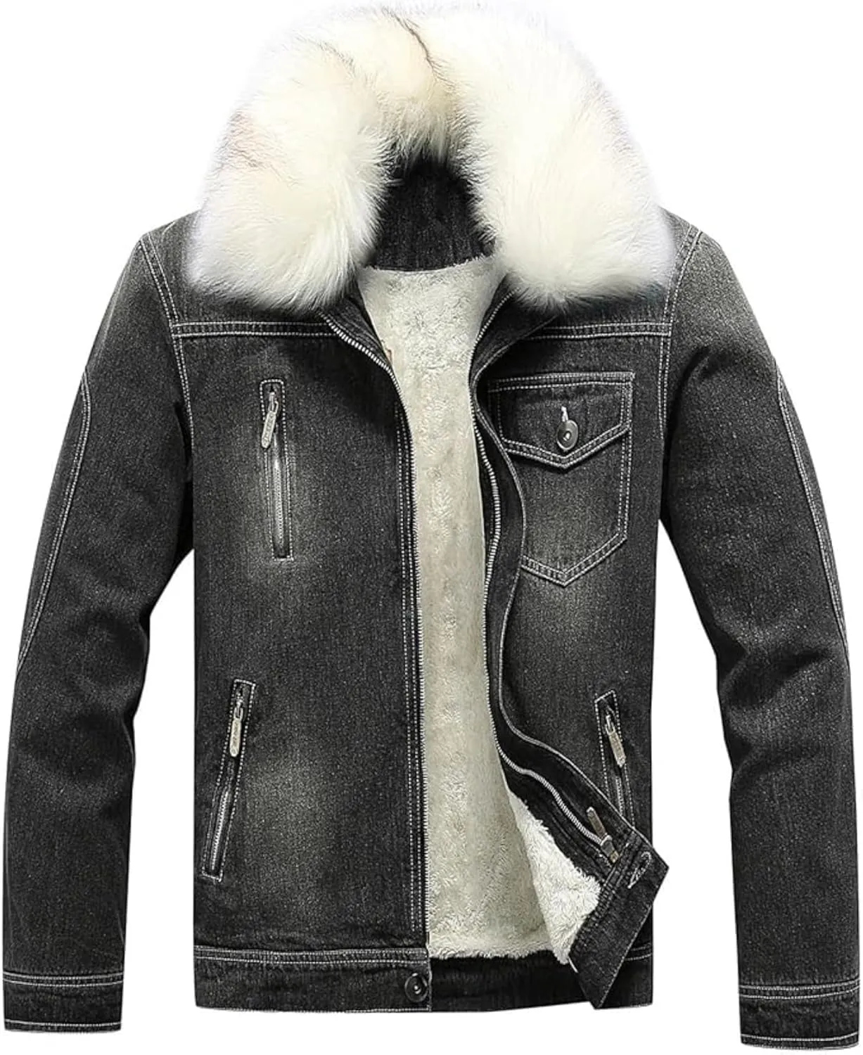 Mens Denim Jacket Plus Cotton Warm Fur Collar Sherpa Lined Denim Coat Vintage Fleece Cowboy Jean Jackets