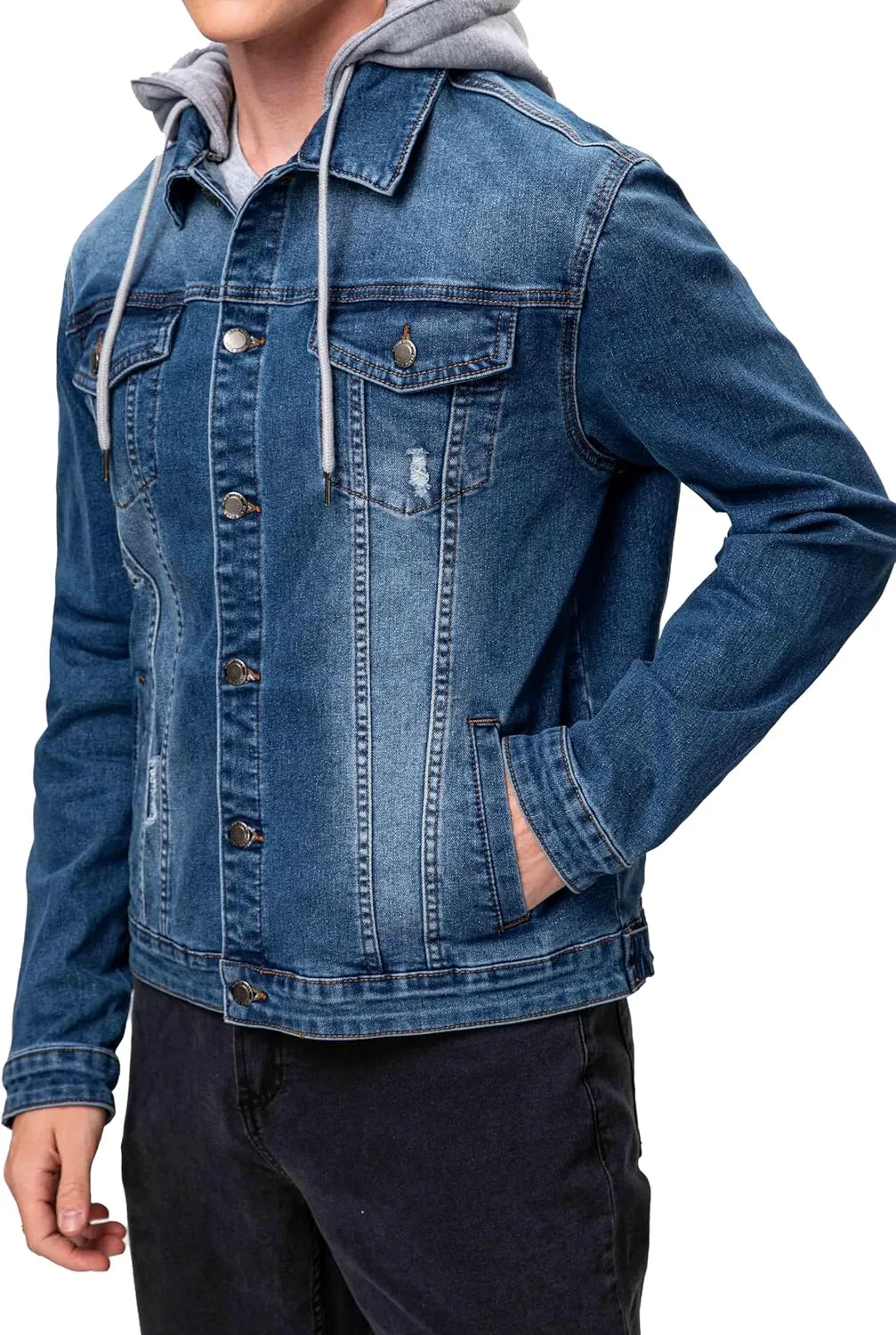 Men's Distressed Denim Jacket Button Down Jean Coat Zipper Hooded Long Sleeve Trucker Jackets