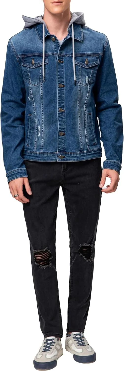Men's Distressed Denim Jacket Button Down Jean Coat Zipper Hooded Long Sleeve Trucker Jackets