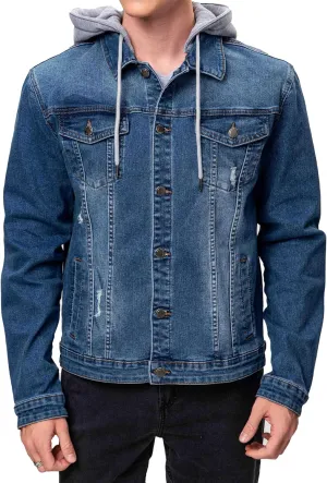 Men's Distressed Denim Jacket Button Down Jean Coat Zipper Hooded Long Sleeve Trucker Jackets