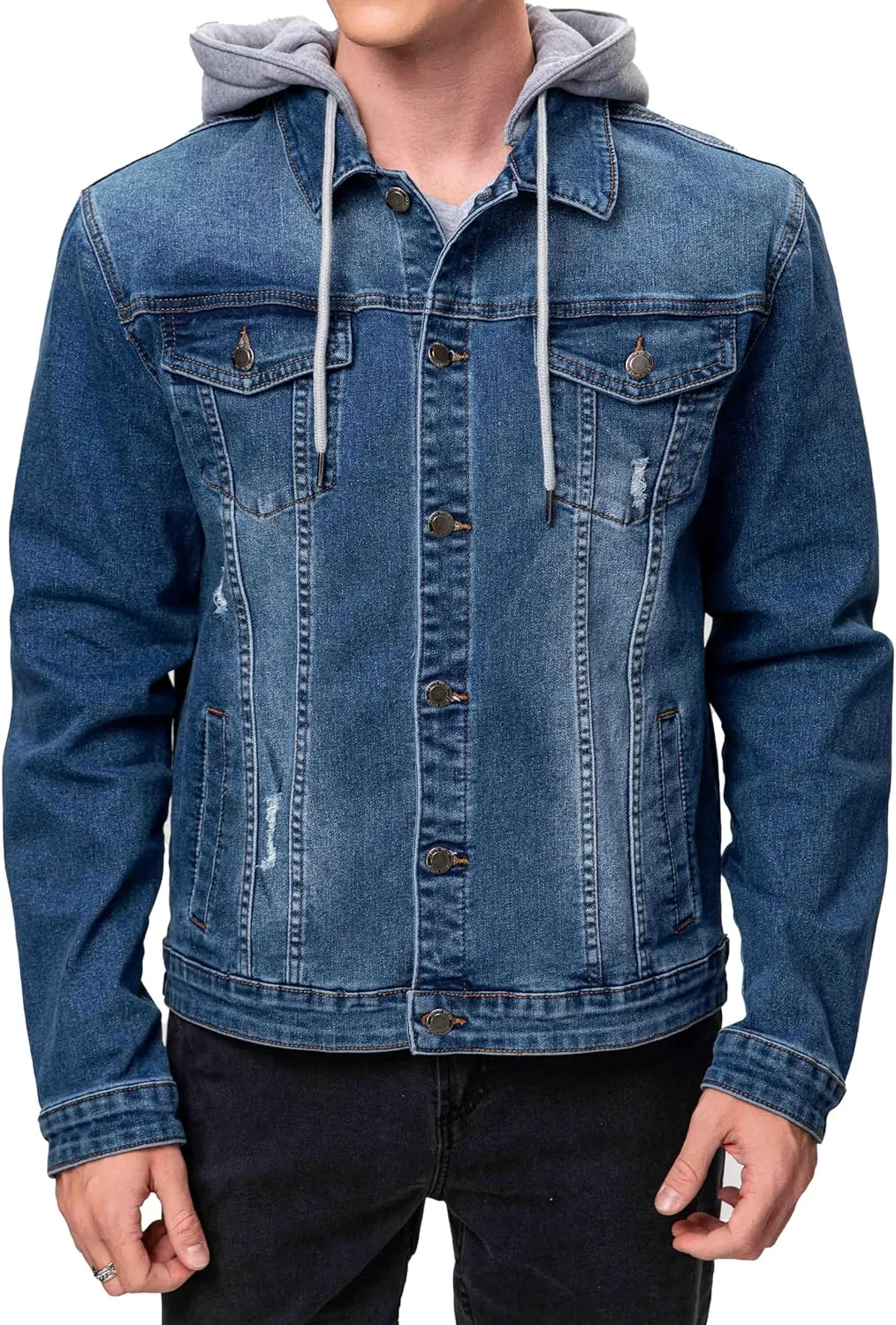 Men's Distressed Denim Jacket Button Down Jean Coat Zipper Hooded Long Sleeve Trucker Jackets