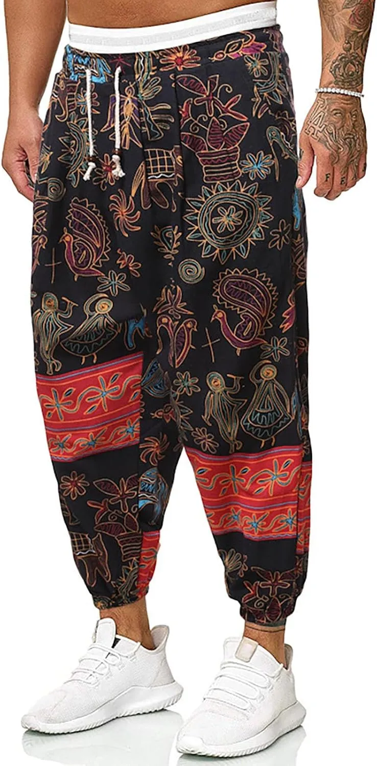 Mens Linen Cotton Chinese Dragon Pattern Harem Pants Big and Tall Elastic Waist Wide Leg Trousers Drop Crotch Hippie Pants