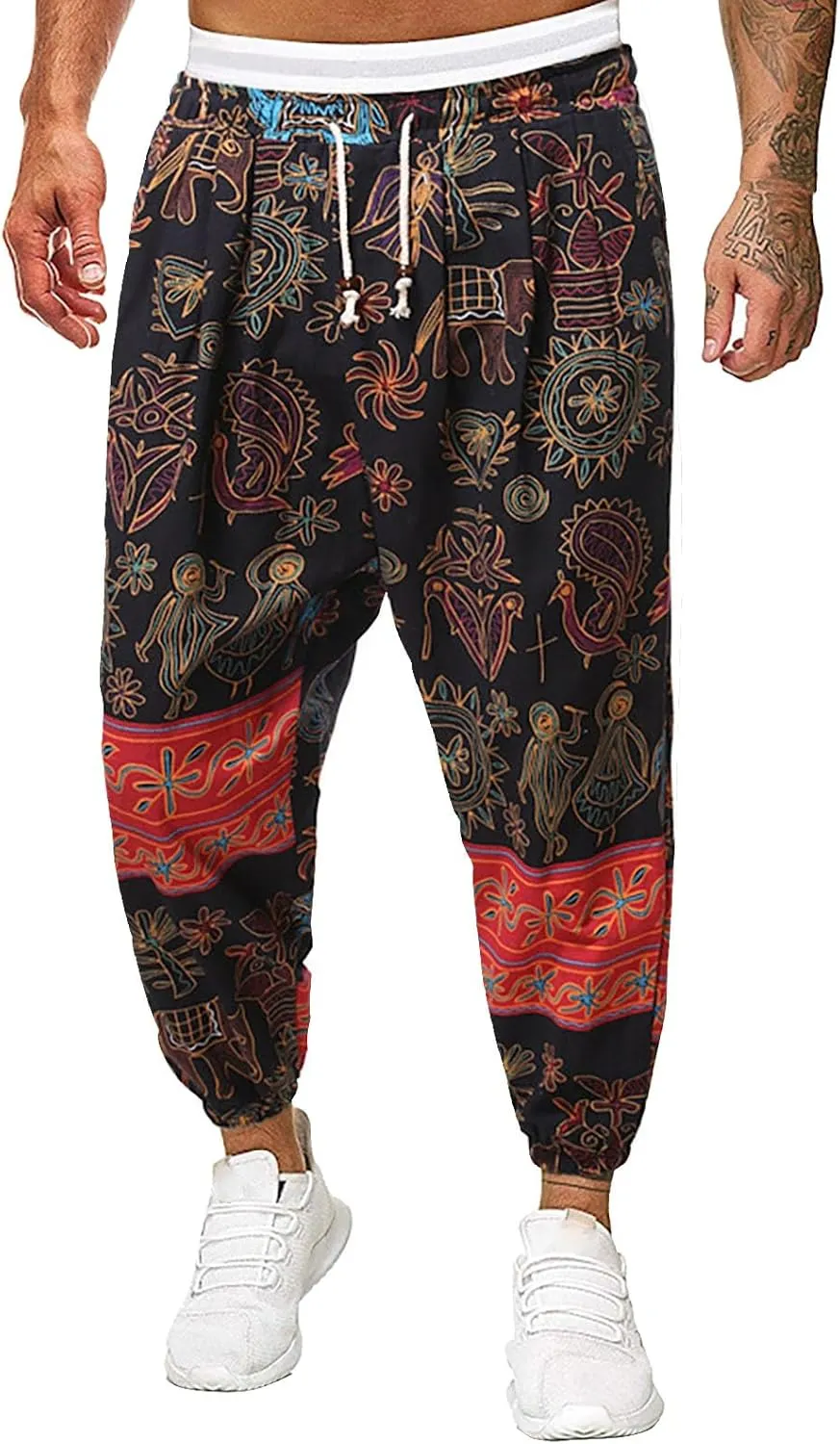 Mens Linen Cotton Chinese Dragon Pattern Harem Pants Big and Tall Elastic Waist Wide Leg Trousers Drop Crotch Hippie Pants