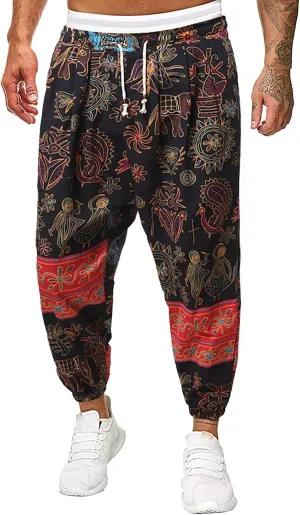 Mens Linen Cotton Chinese Dragon Pattern Harem Pants Big and Tall Elastic Waist Wide Leg Trousers Drop Crotch Hippie Pants