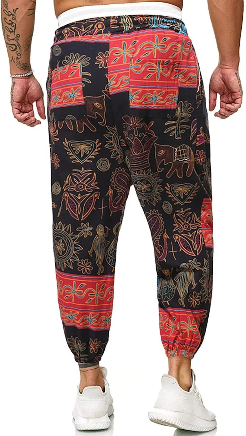 Mens Linen Cotton Chinese Dragon Pattern Harem Pants Big and Tall Elastic Waist Wide Leg Trousers Drop Crotch Hippie Pants