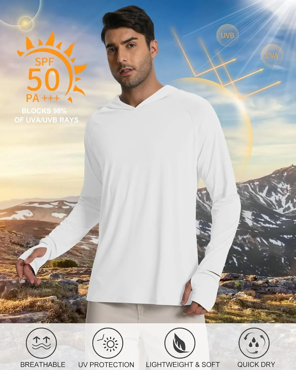 Mens Long Sleeve Fishing Shirts Rash Guard UPF 50  Sun Protection Hoodie Lightweight Quick Dry Beach Swim T-Shirt