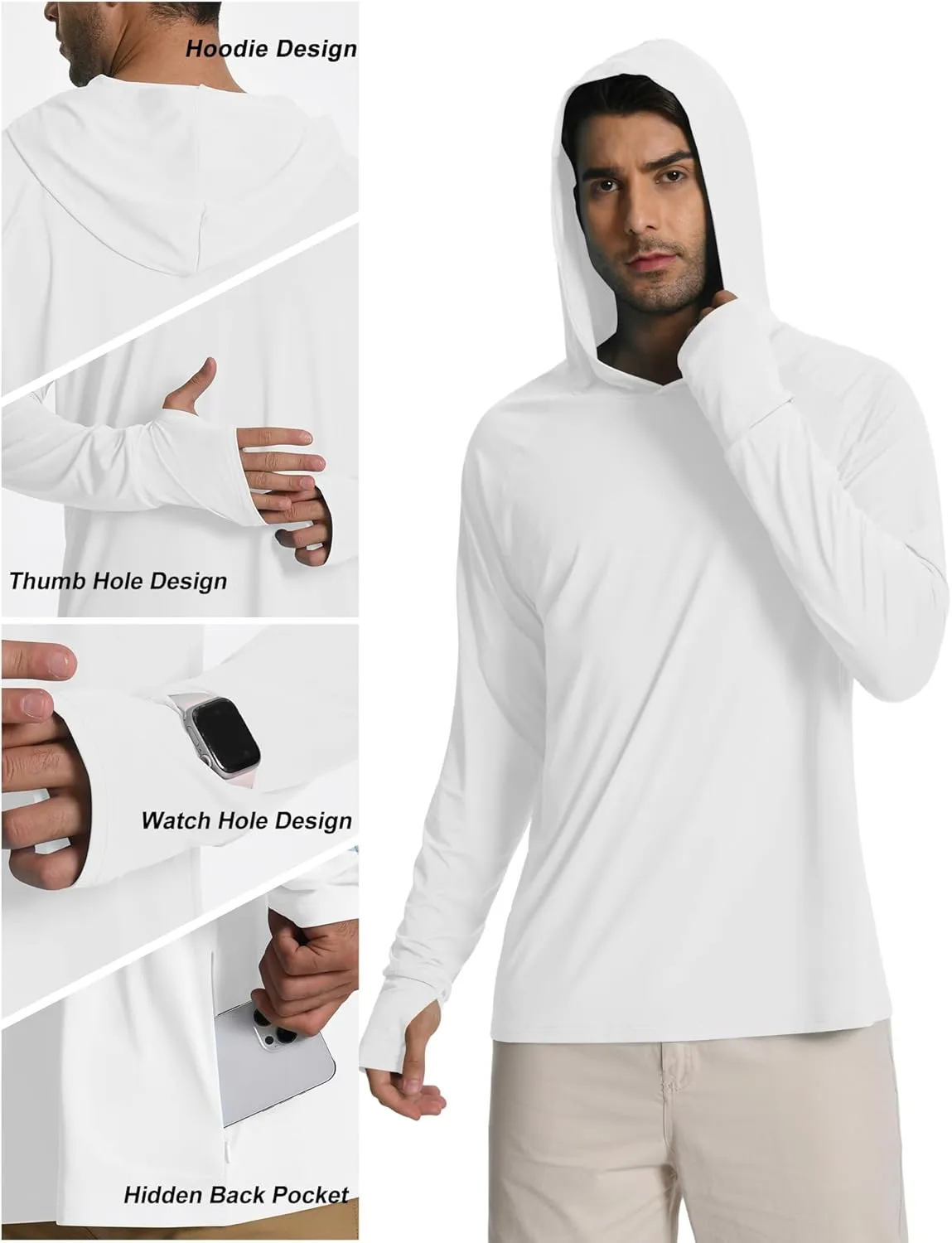 Mens Long Sleeve Fishing Shirts Rash Guard UPF 50  Sun Protection Hoodie Lightweight Quick Dry Beach Swim T-Shirt