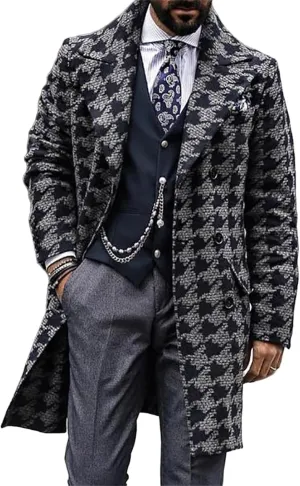 Men's Long Suit Jacket Houndstooth Trench Coat Double Breasted Notched Collar Winter Overcoat Casual Pea Coats