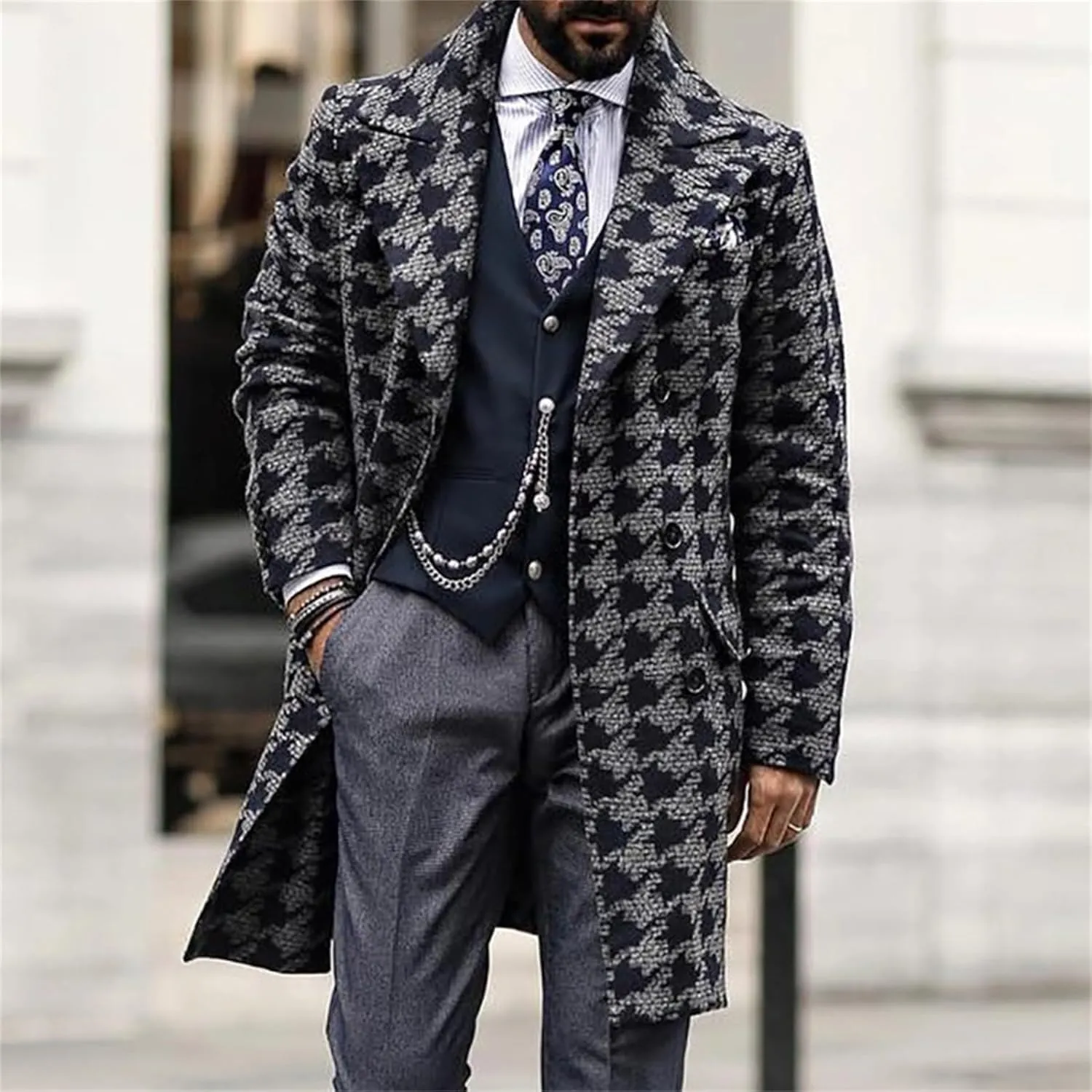 Men's Long Suit Jacket Houndstooth Trench Coat Double Breasted Notched Collar Winter Overcoat Casual Pea Coats