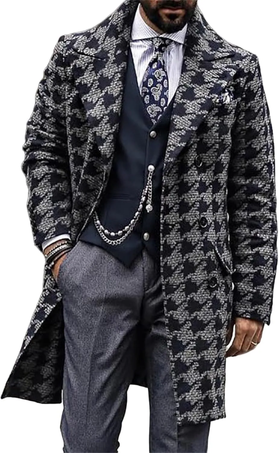Men's Long Suit Jacket Houndstooth Trench Coat Double Breasted Notched Collar Winter Overcoat Casual Pea Coats