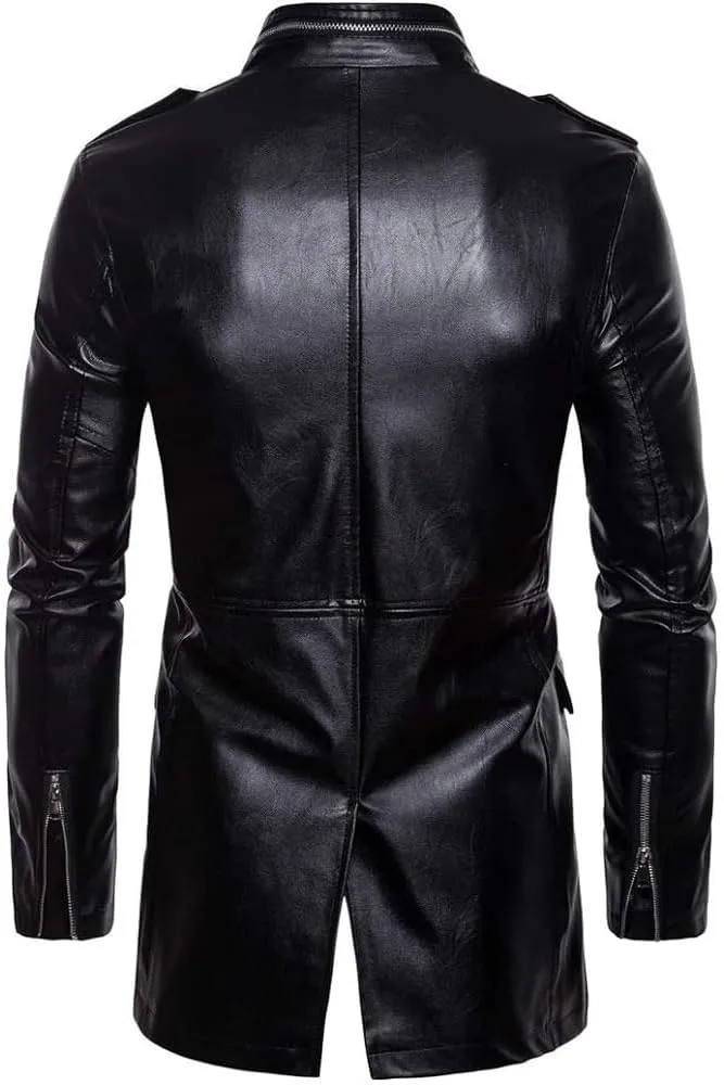 Men's Mid-Length Locomotive Genuine Black Leather Jacket Vintage WW2 German Military Classic Long Parka Trench Coat