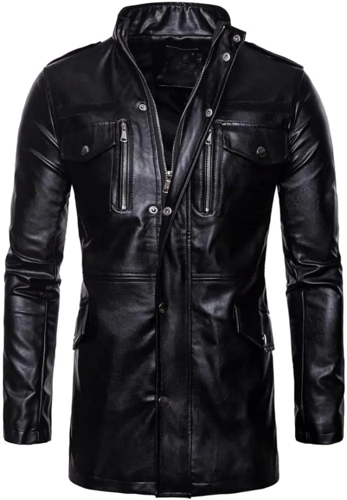 Men's Mid-Length Locomotive Genuine Black Leather Jacket Vintage WW2 German Military Classic Long Parka Trench Coat