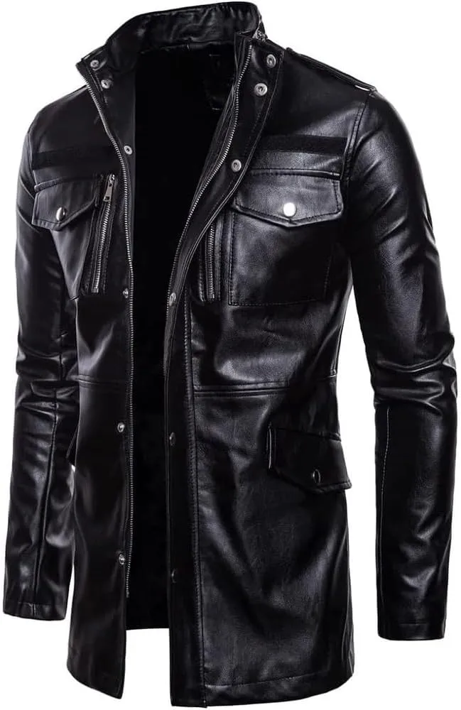 Men's Mid-Length Locomotive Genuine Black Leather Jacket Vintage WW2 German Military Classic Long Parka Trench Coat