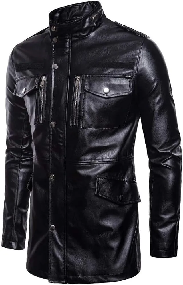 Men's Mid-Length Locomotive Genuine Black Leather Jacket Vintage WW2 German Military Classic Long Parka Trench Coat