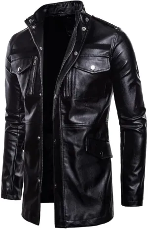 Men's Mid-Length Locomotive Genuine Black Leather Jacket Vintage WW2 German Military Classic Long Parka Trench Coat
