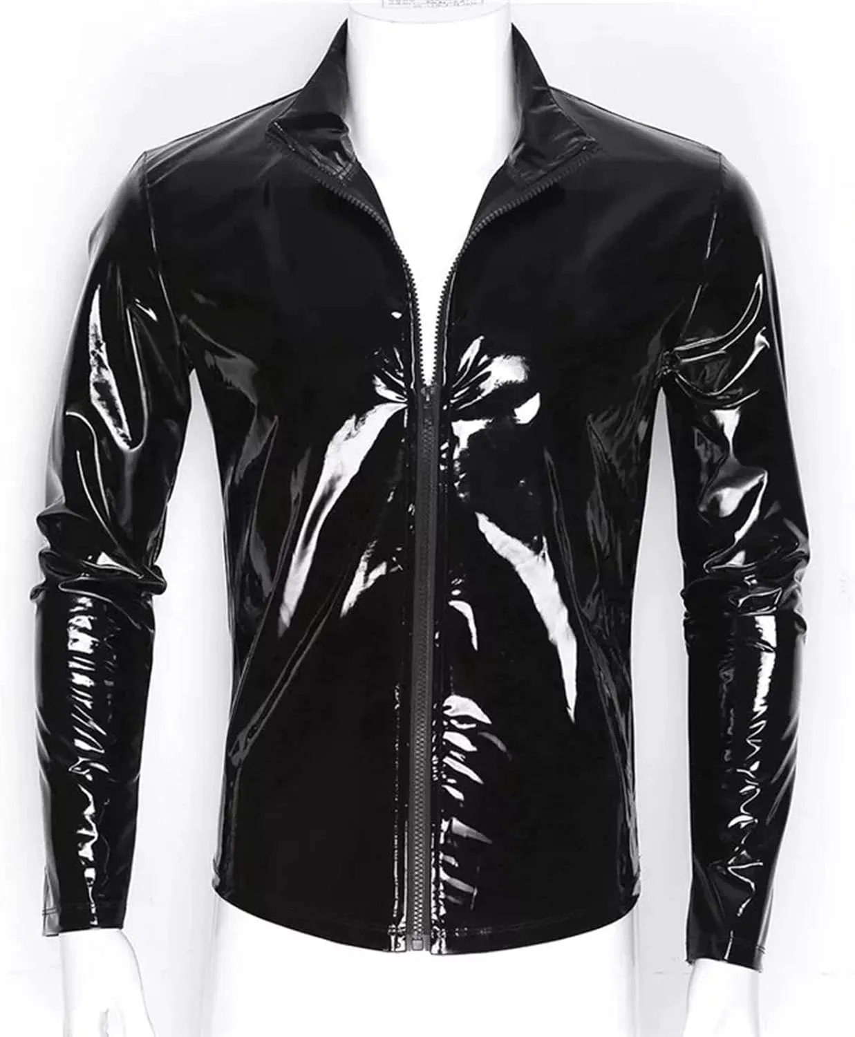 Mens Sexy Underwear Men Sexy Leather Shirt, Glossy PVC Leather Plus Size S-7XL Full Zipper, Shiny Latex Coat for Male