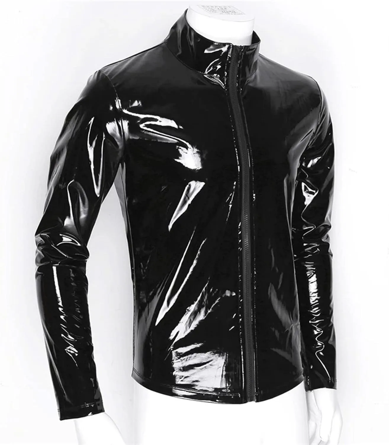 Mens Sexy Underwear Men Sexy Leather Shirt, Glossy PVC Leather Plus Size S-7XL Full Zipper, Shiny Latex Coat for Male