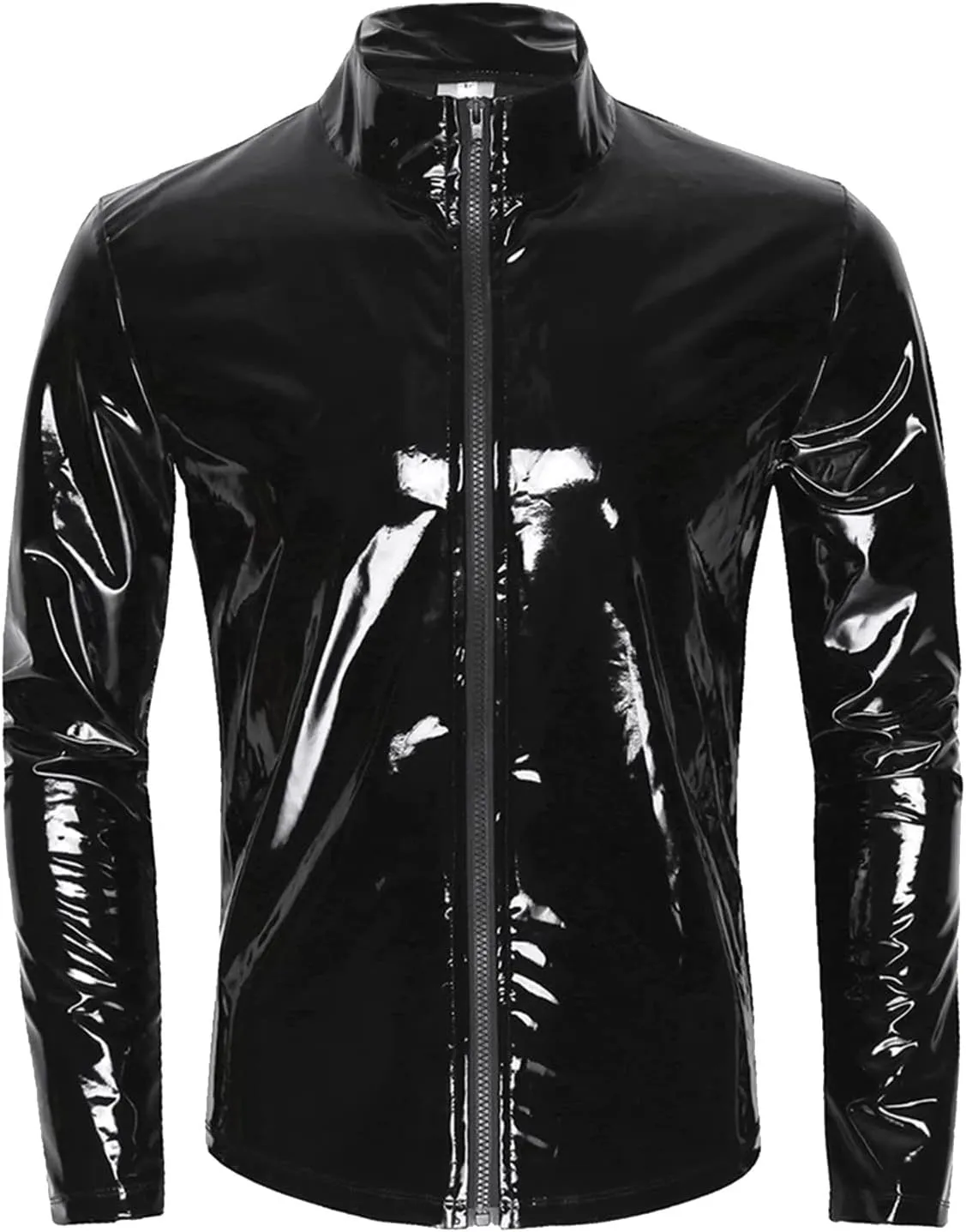 Mens Sexy Underwear Men Sexy Leather Shirt, Glossy PVC Leather Plus Size S-7XL Full Zipper, Shiny Latex Coat for Male