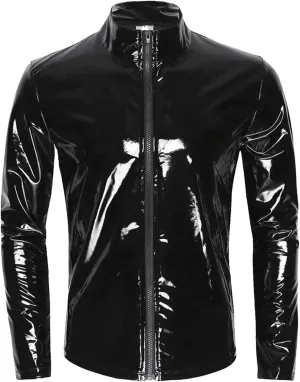 Mens Sexy Underwear Men Sexy Leather Shirt, Glossy PVC Leather Plus Size S-7XL Full Zipper, Shiny Latex Coat for Male