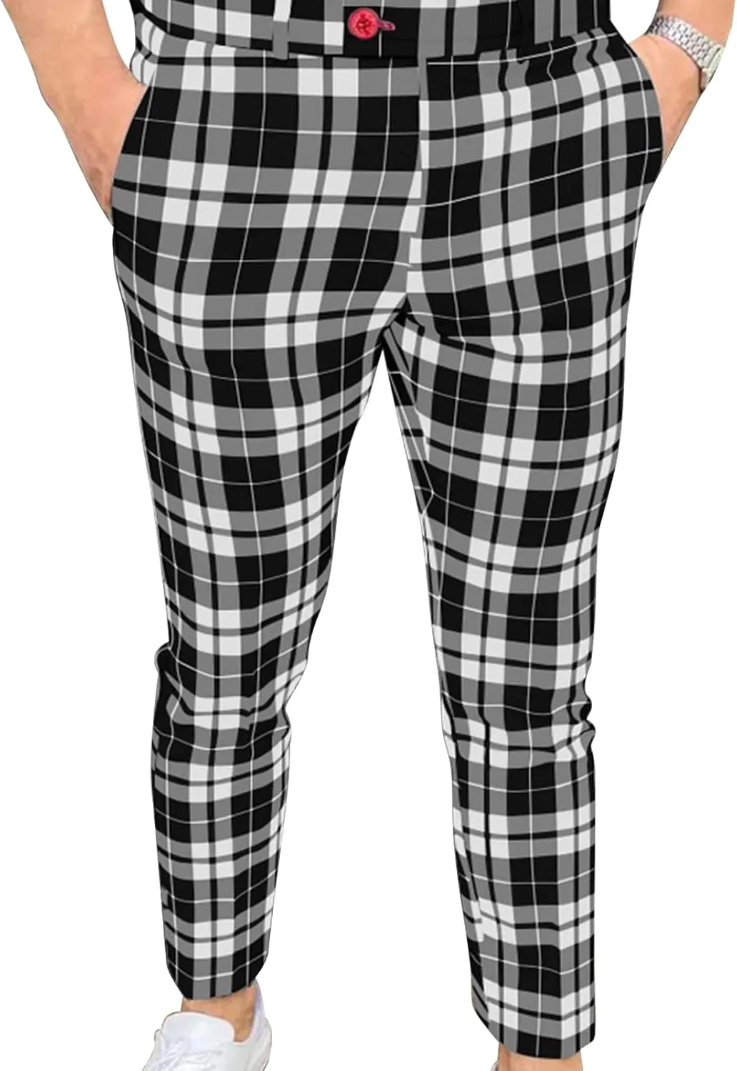 Men's Slim Fit Flat Front Dress Pants Plaid Casual Chinos Suit Pants Stretch Straight Fit Business Trousers
