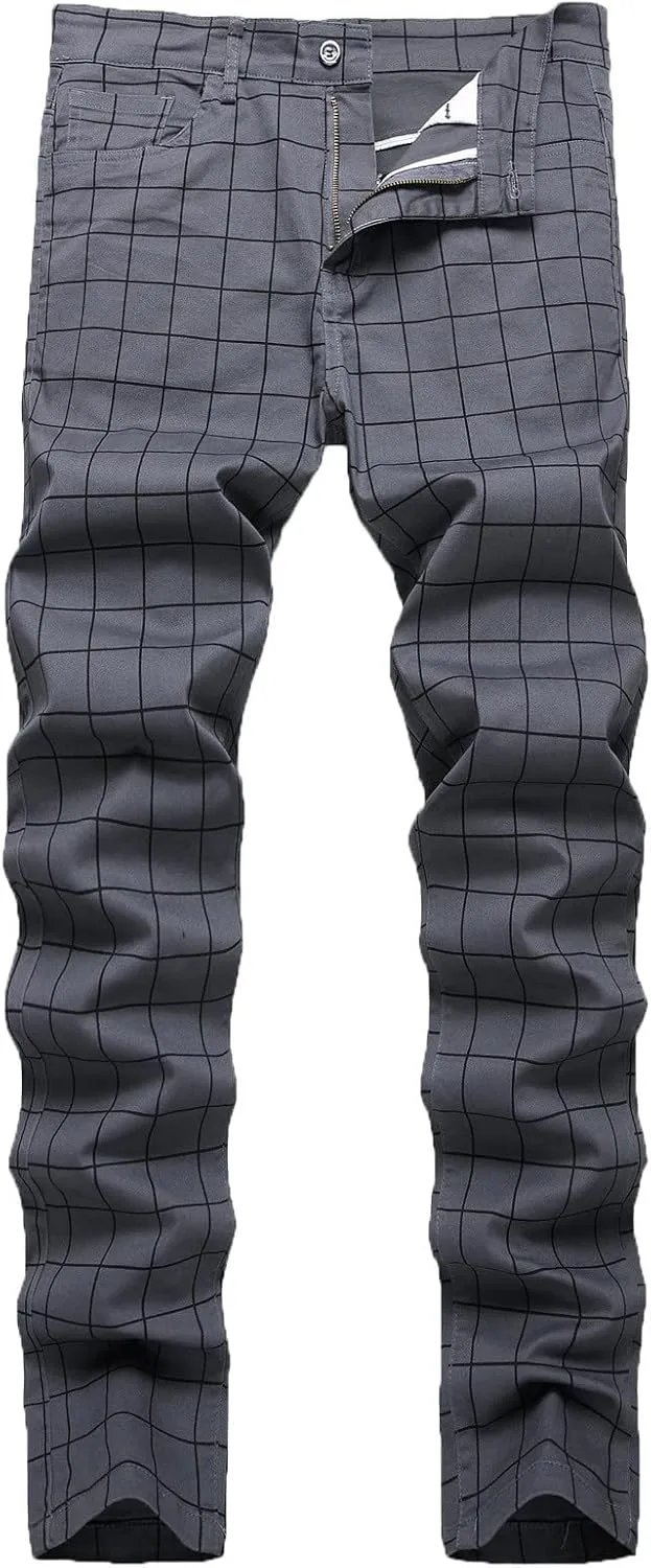 Men's Slim Fit Stretch Plaid Dress Pants Regular Fit Casual Flat-Front Skinny Pencil Pants Business Fashion Chinos Trousers