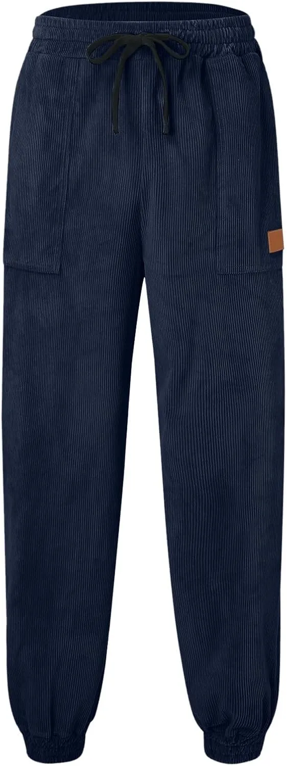 Mens Spring and Autumn Casual Thermal Corduroy Pants Drawstring High Waist Fashion Solid Trouser Elastic Tapered Sweatpants
