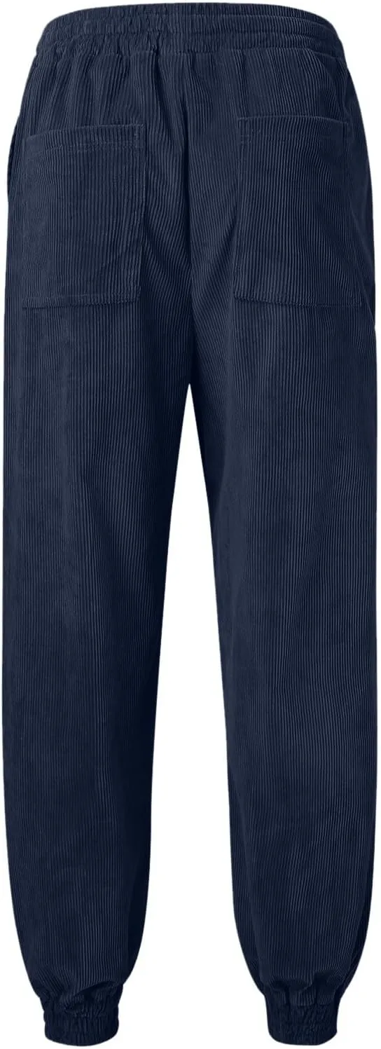 Mens Spring and Autumn Casual Thermal Corduroy Pants Drawstring High Waist Fashion Solid Trouser Elastic Tapered Sweatpants