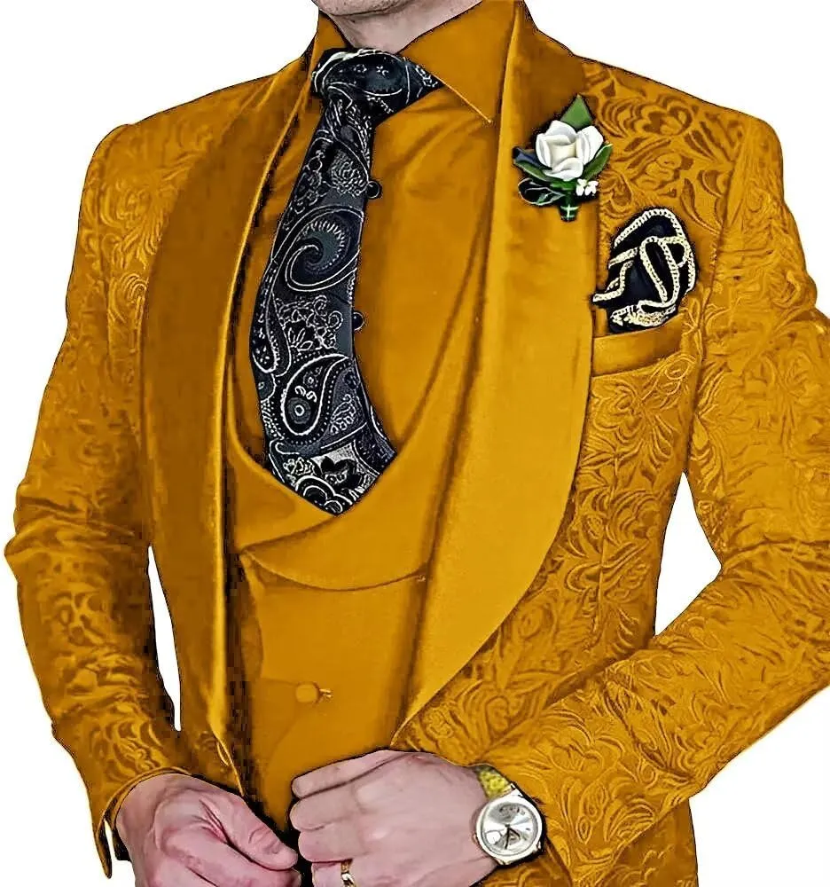 Men's Suit 3 Piece Jacquard Shawl Lapel Set Slim Fit Formal Tuxedo with Jackets Vest Pants for Wedding