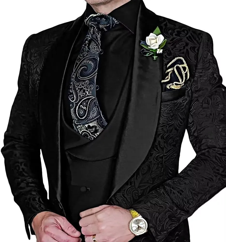 Men's Suit 3 Piece Jacquard Shawl Lapel Set Slim Fit Formal Tuxedo with Jackets Vest Pants for Wedding