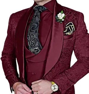 Men's Suit 3 Piece Jacquard Shawl Lapel Set Slim Fit Formal Tuxedo with Jackets Vest Pants for Wedding