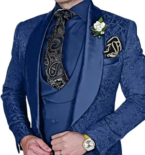 Men's Suit 3 Piece Jacquard Shawl Lapel Set Slim Fit Formal Tuxedo with Jackets Vest Pants for Wedding