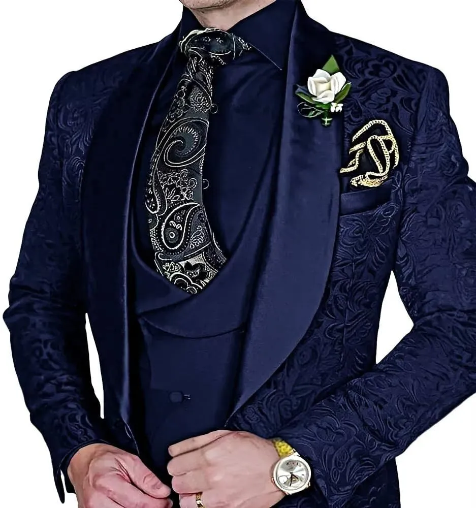Men's Suit 3 Piece Jacquard Shawl Lapel Set Slim Fit Formal Tuxedo with Jackets Vest Pants for Wedding