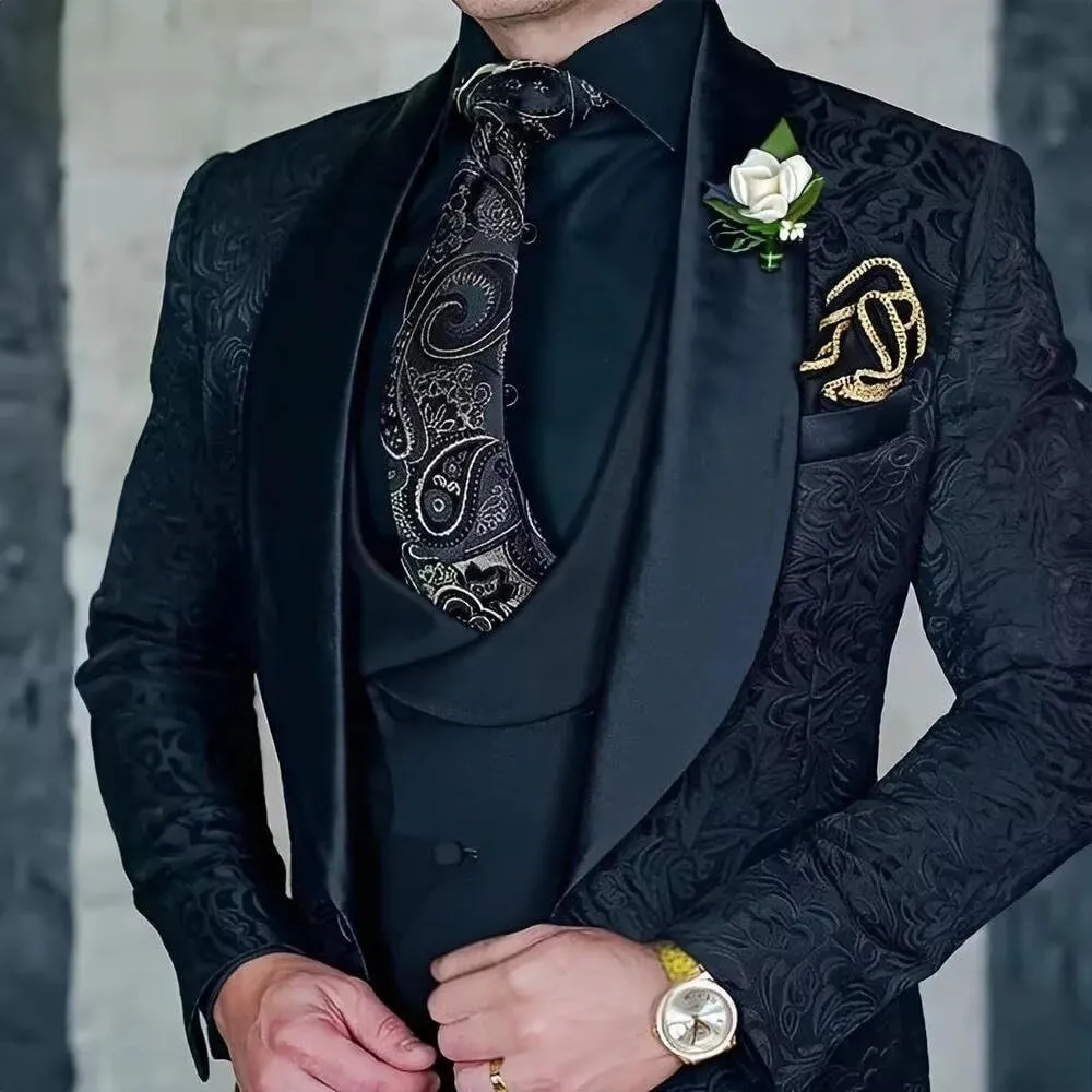 Men's Suit 3 Piece Jacquard Shawl Lapel Set Slim Fit Formal Tuxedo with Jackets Vest Pants for Wedding