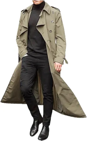 Men's Trench Coat Full Length Double Breasted Lapel Long Coat Casual Slim Fit Fall Winter Classic Stylish Business Overcoat