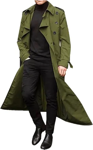 Men's Trench Coat Full Length Double Breasted Lapel Long Coat Casual Slim Fit Fall Winter Classic Stylish Business Overcoat