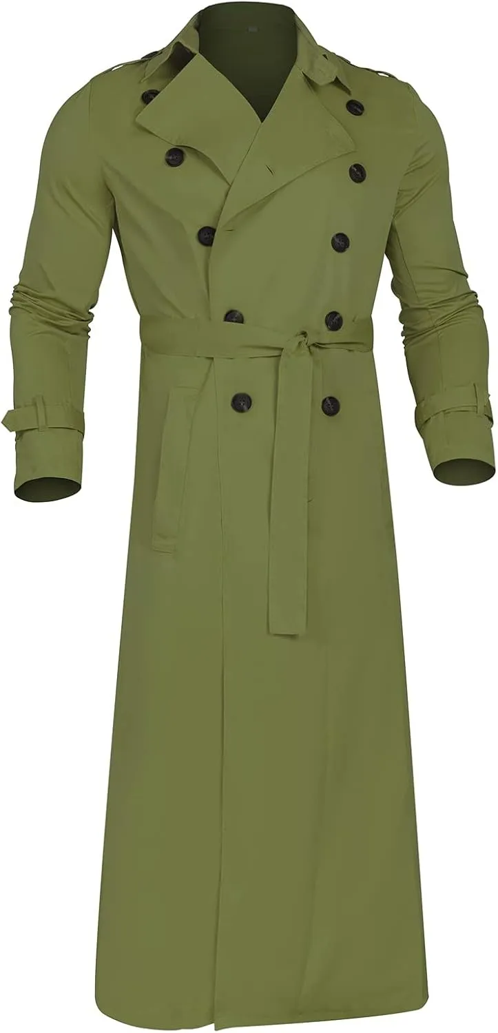 Men's Trench Coat Full Length Double Breasted Lapel Long Coat Casual Slim Fit Fall Winter Classic Stylish Business Overcoat