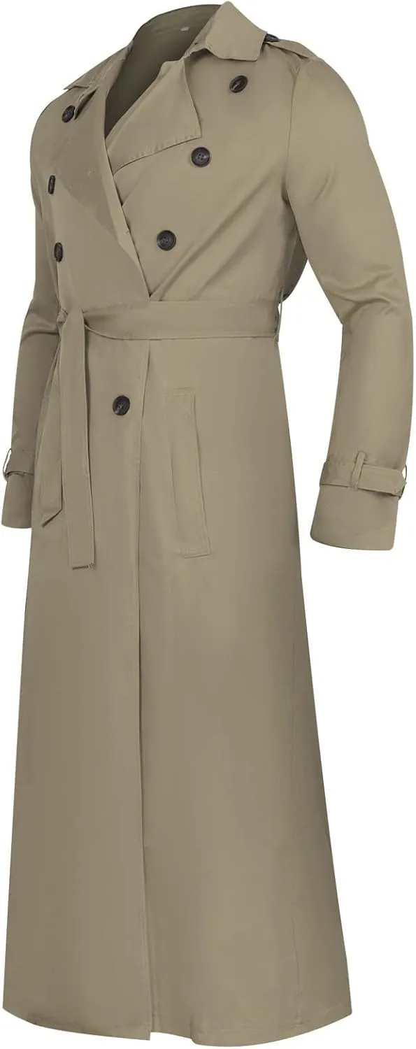 Men's Trench Coat Full Length Double Breasted Lapel Long Coat Casual Slim Fit Fall Winter Classic Stylish Business Overcoat