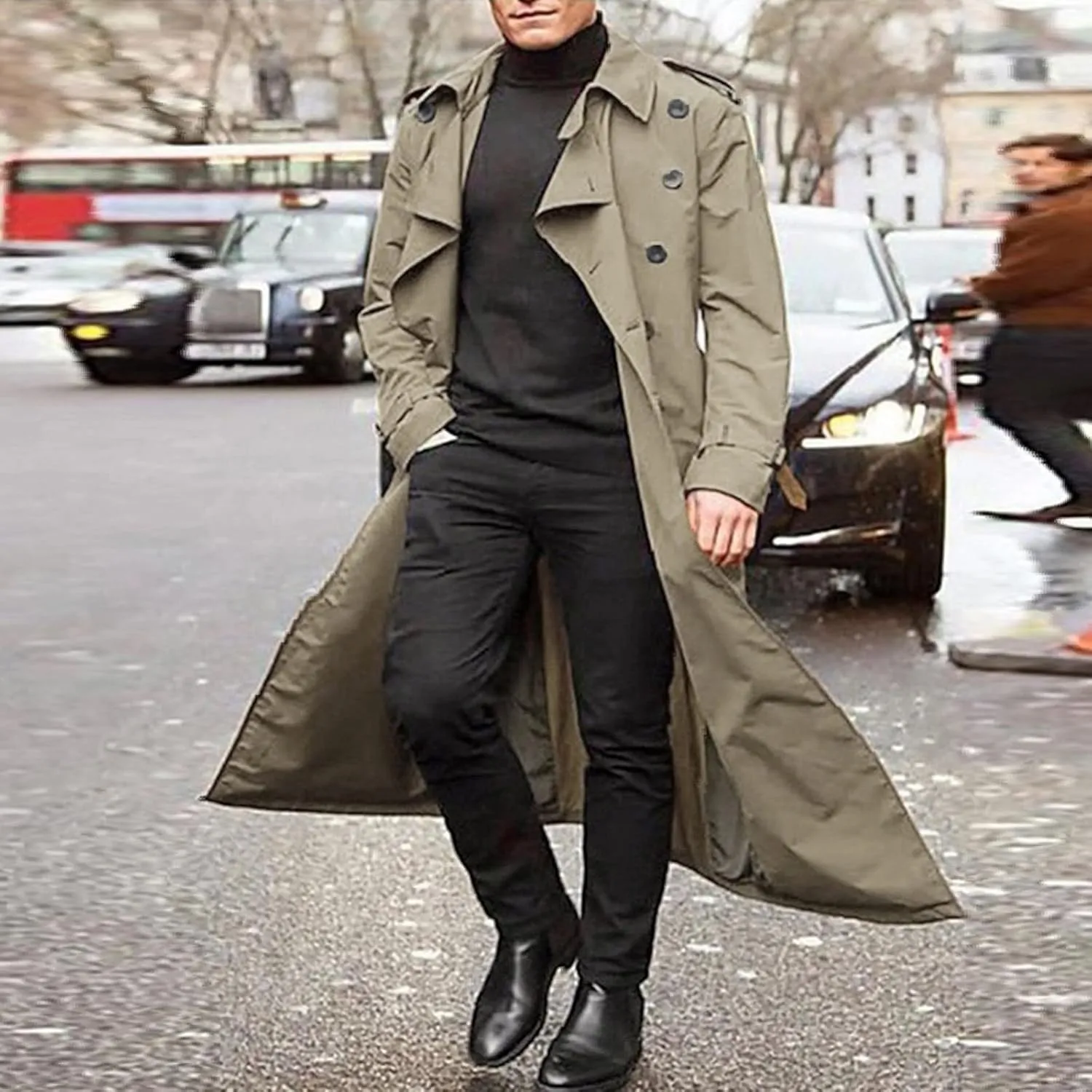 Men's Trench Coat Full Length Double Breasted Lapel Long Coat Casual Slim Fit Fall Winter Classic Stylish Business Overcoat